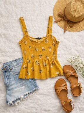 American Eagle Smocked Floral Tank Top Yellow Boho XXS